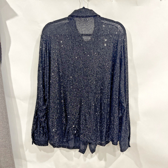 Vila Women Plus 2XL Black Sequin Blouse Button Up Collar Long Sleeve Party Shirt - Picture 5 of 10